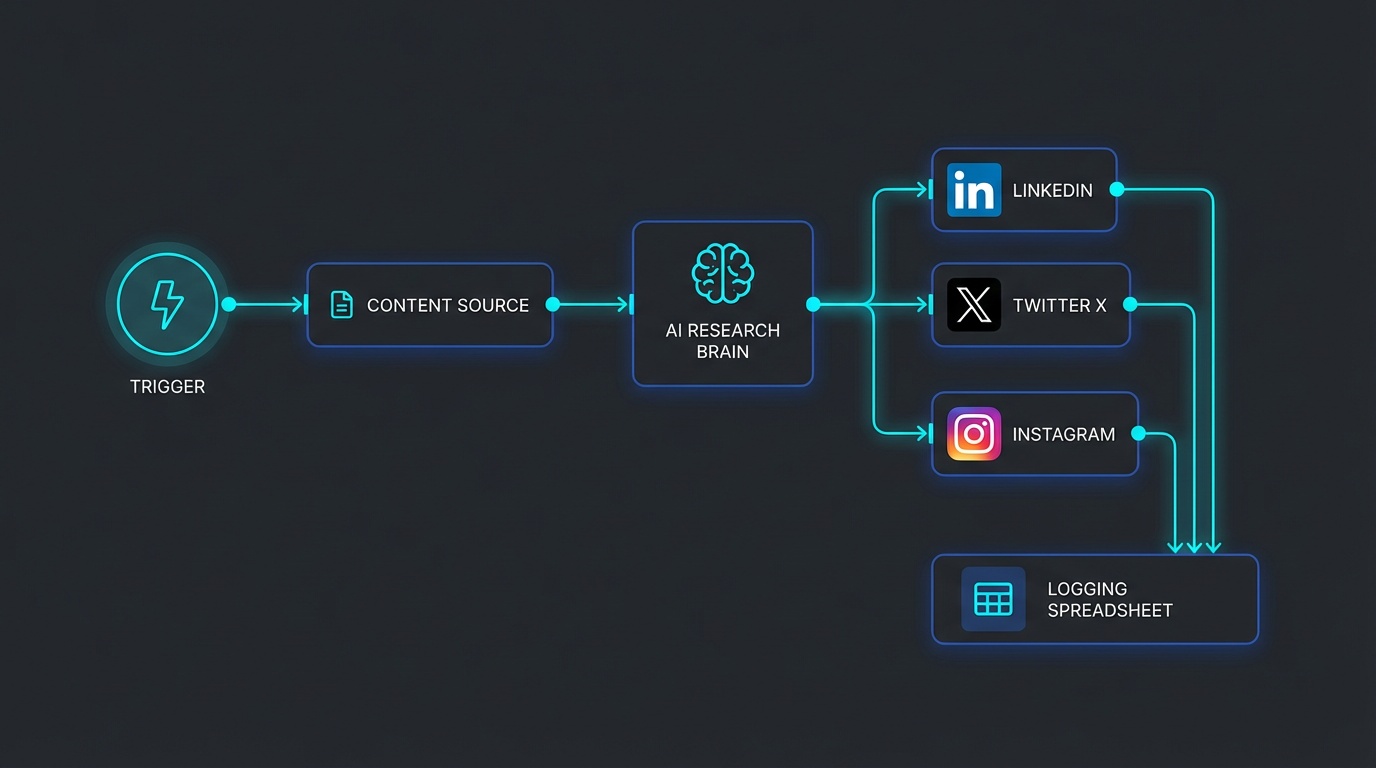 AI Content Repurposing Pipeline workflow diagram — Trigger → Content Source → AI Research → LinkedIn, Twitter/X, Instagram → Logging Spreadsheet