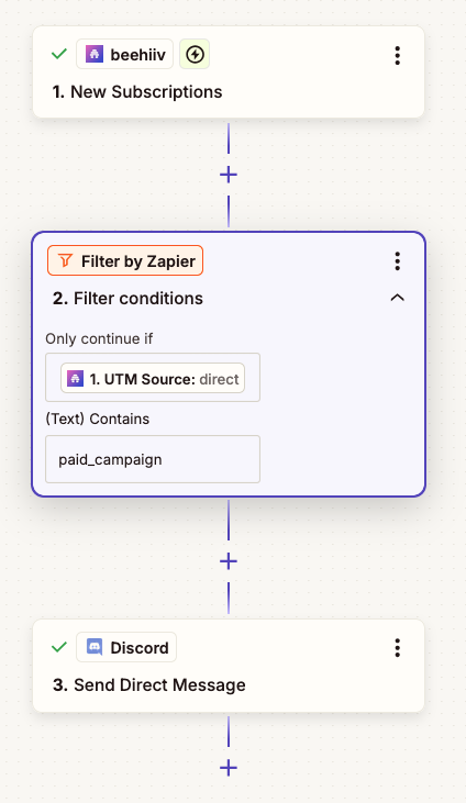 Zapier Filter step checking UTM Source contains paid_campaign before sending Discord message